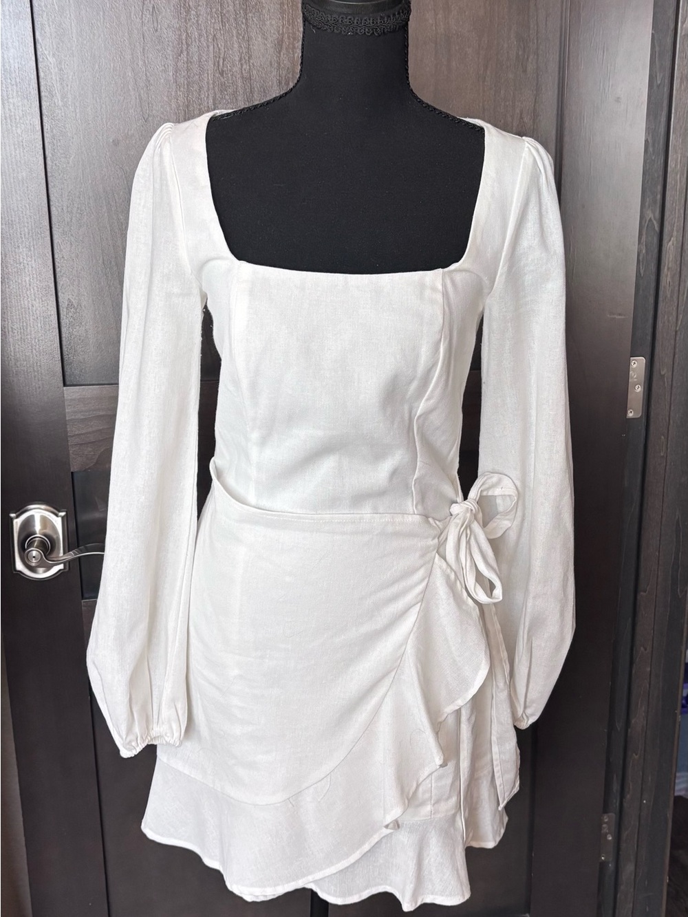 White Long-Sleeve Square-Neck Wrap Dress